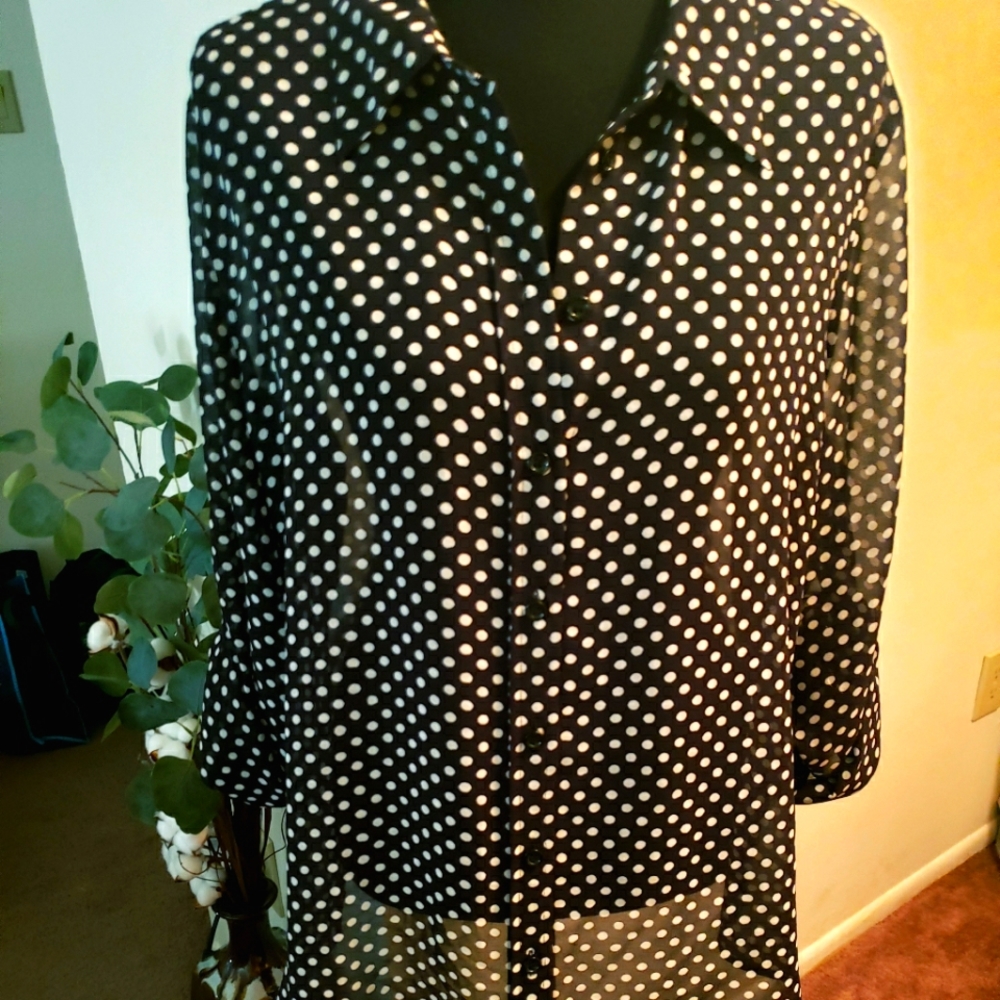 Sheer polka dot button down shirt